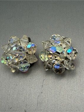 Aurora Borealis Cluster Clip On Earrings Germany Wedding Cake Style